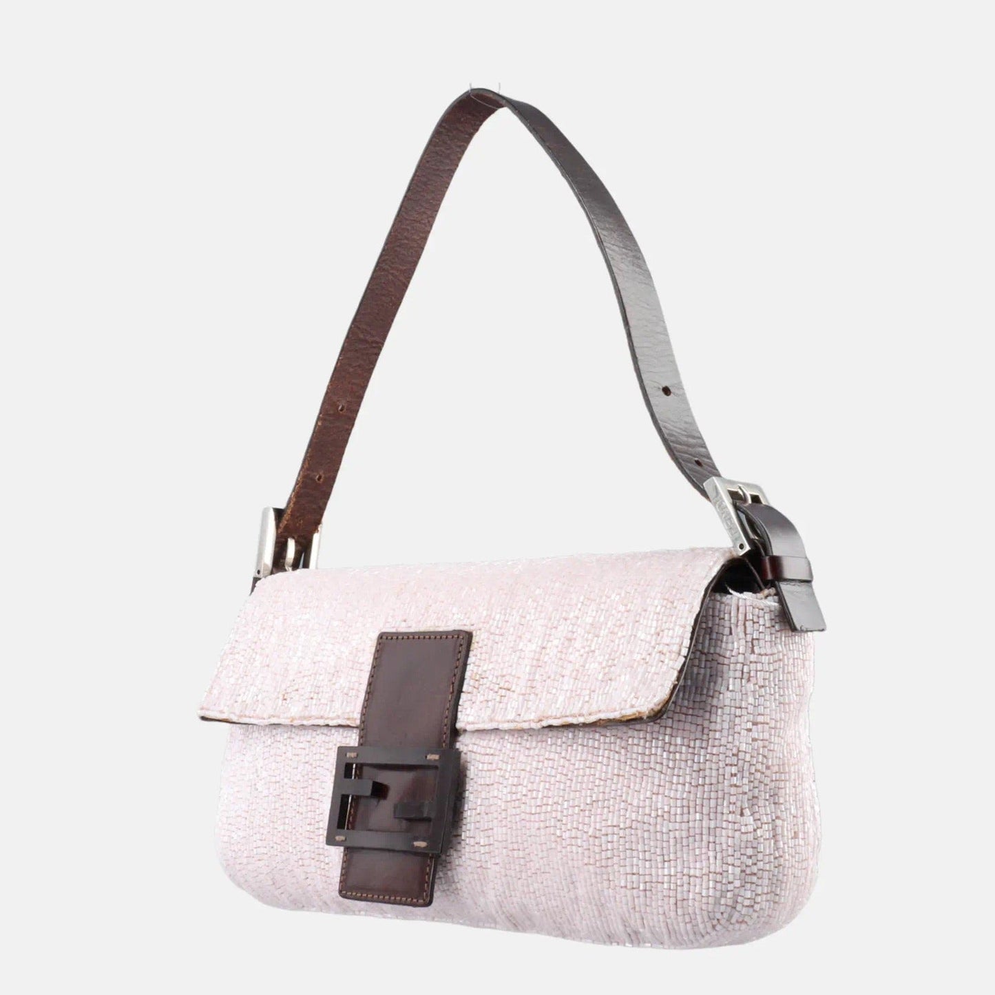 Fendi Baguette   White Glitter Beads Brown Leather