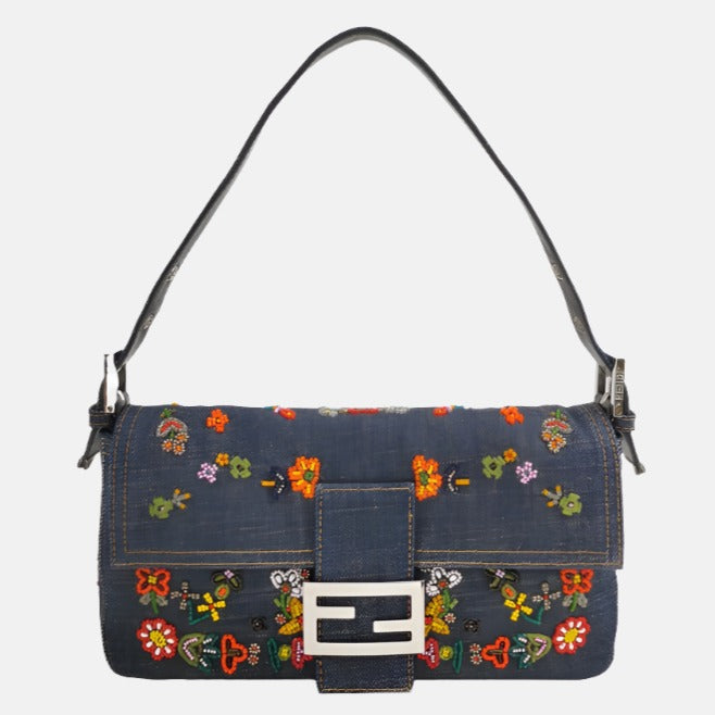 Fendi Baguette Denim with Floral Beads 25 Anniversary Special Collection
