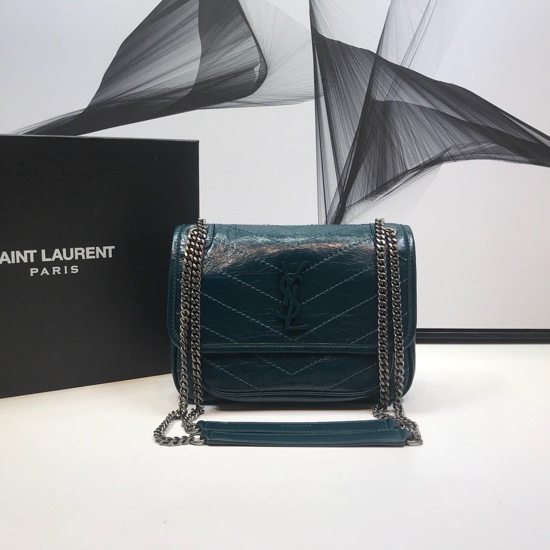 Yves Saint Laurent Niki Baby Chain Bag In Crinkled Dark Green