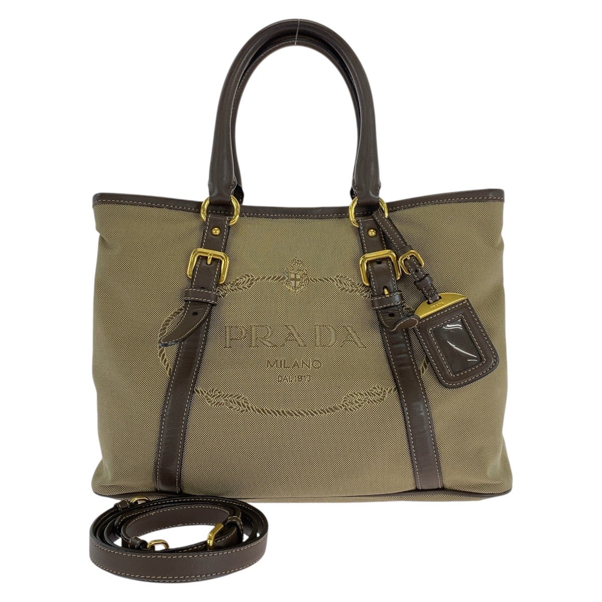 PRADA Tote Bag Canvas, Leather Khaki Brown Gold Metal Tote Bag Shoulder Bag Logo jacquard Triangle With logo Women