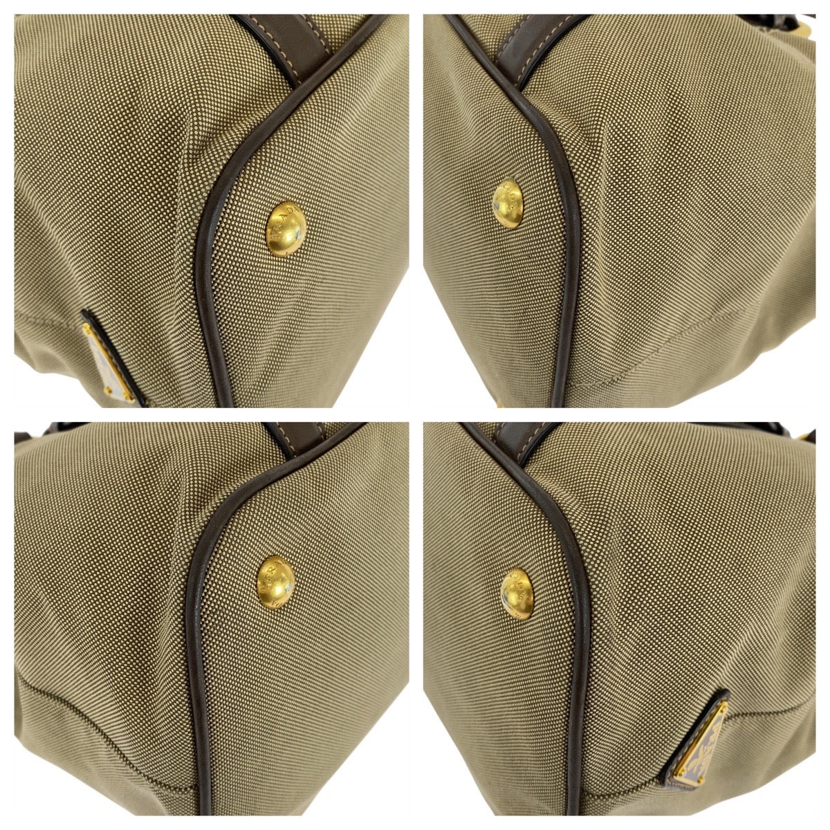 PRADA Tote Bag Canvas, Leather Khaki Brown Gold Metal Tote Bag Shoulder Bag Logo jacquard Triangle With logo Women