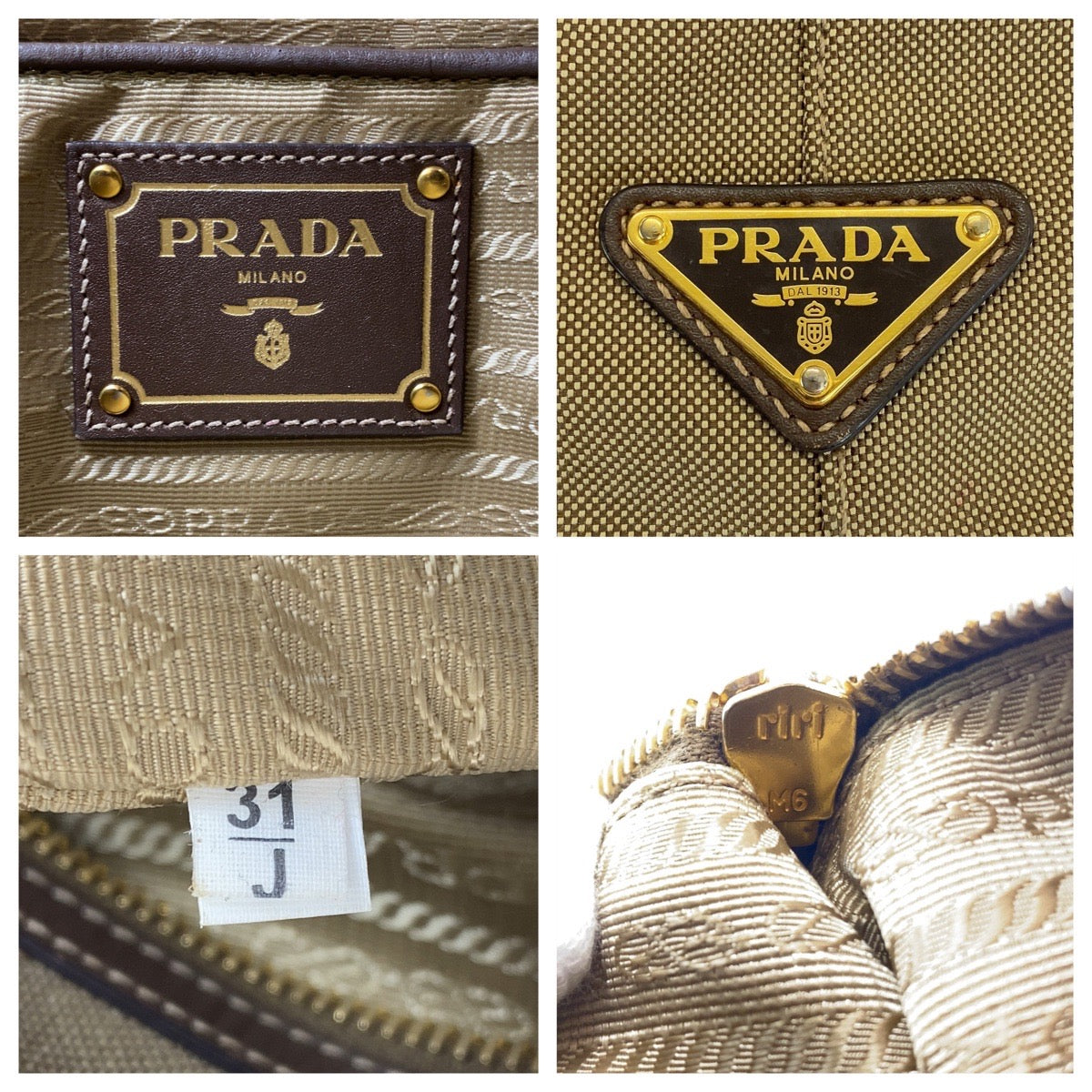 PRADA Tote Bag Canvas, Leather Khaki Brown Gold Metal Tote Bag Shoulder Bag Logo jacquard Triangle With logo Women