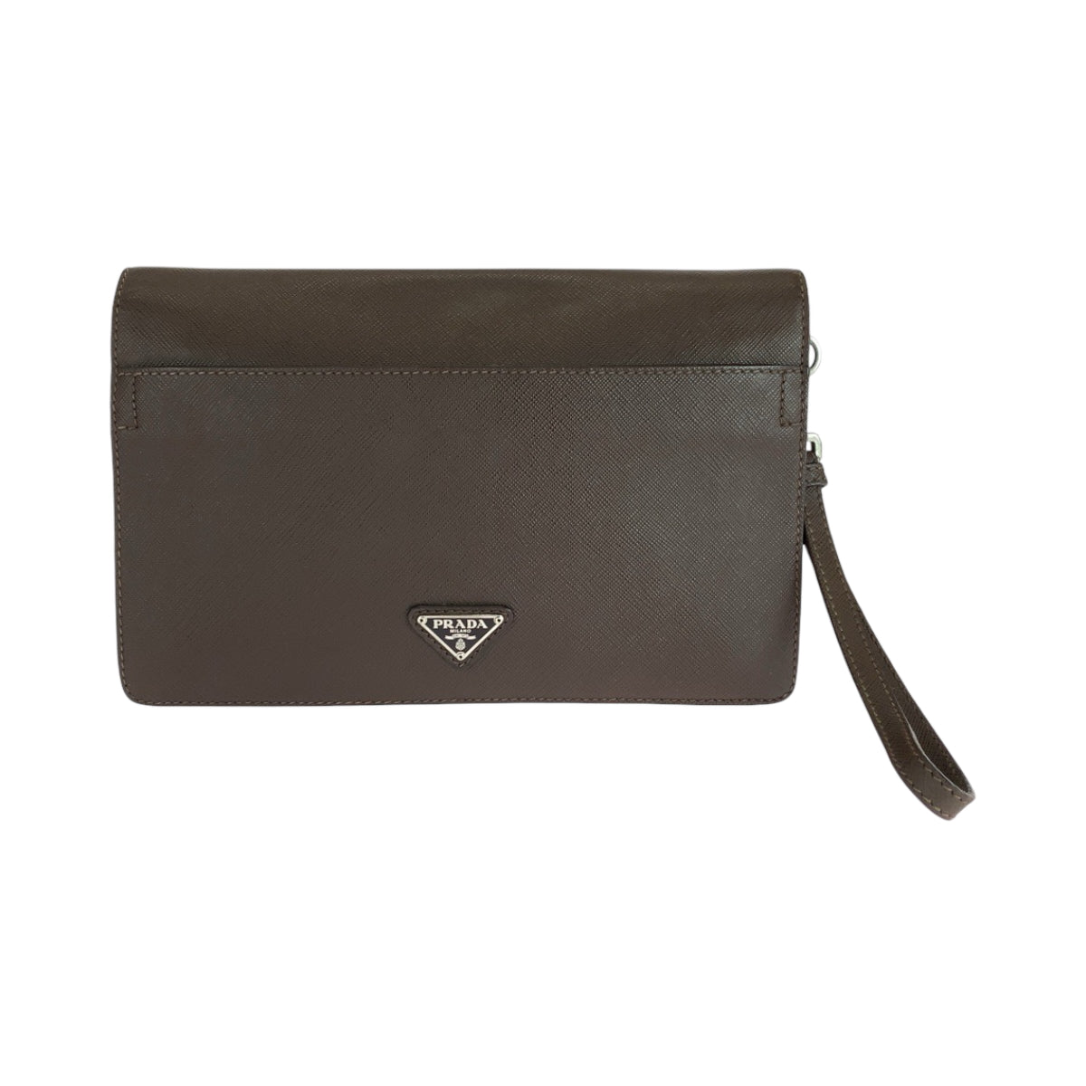 PRADA Clutch bag leather Brown Silver Metal Clutch bag business bag Safiano Triangle With logo mens