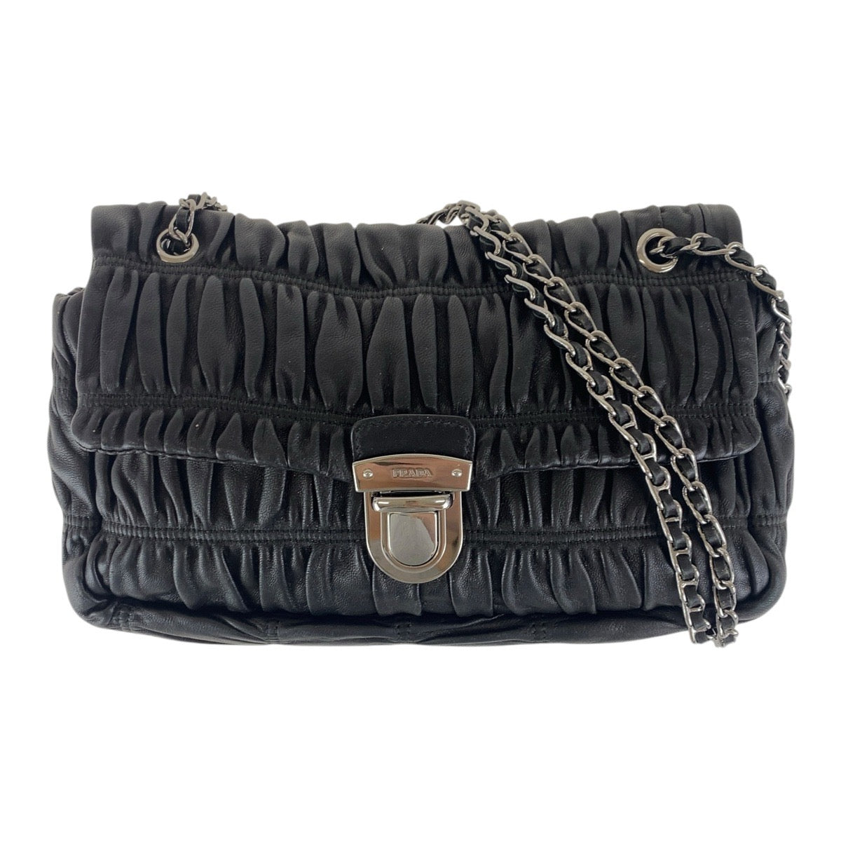 PRADA Shoulder Bag leather Black SilverMetal Crossbody Chain Shoulder Bag Gathered Women