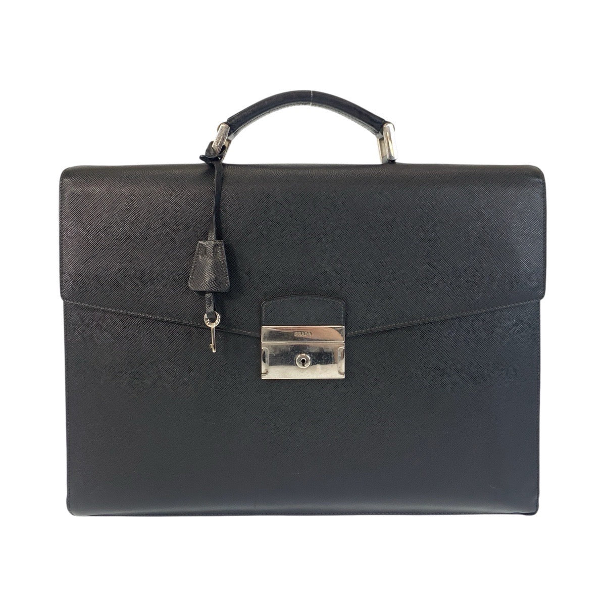 PRADA Business bag leather Black SilverMetal Business bag briefcase Safiano mens