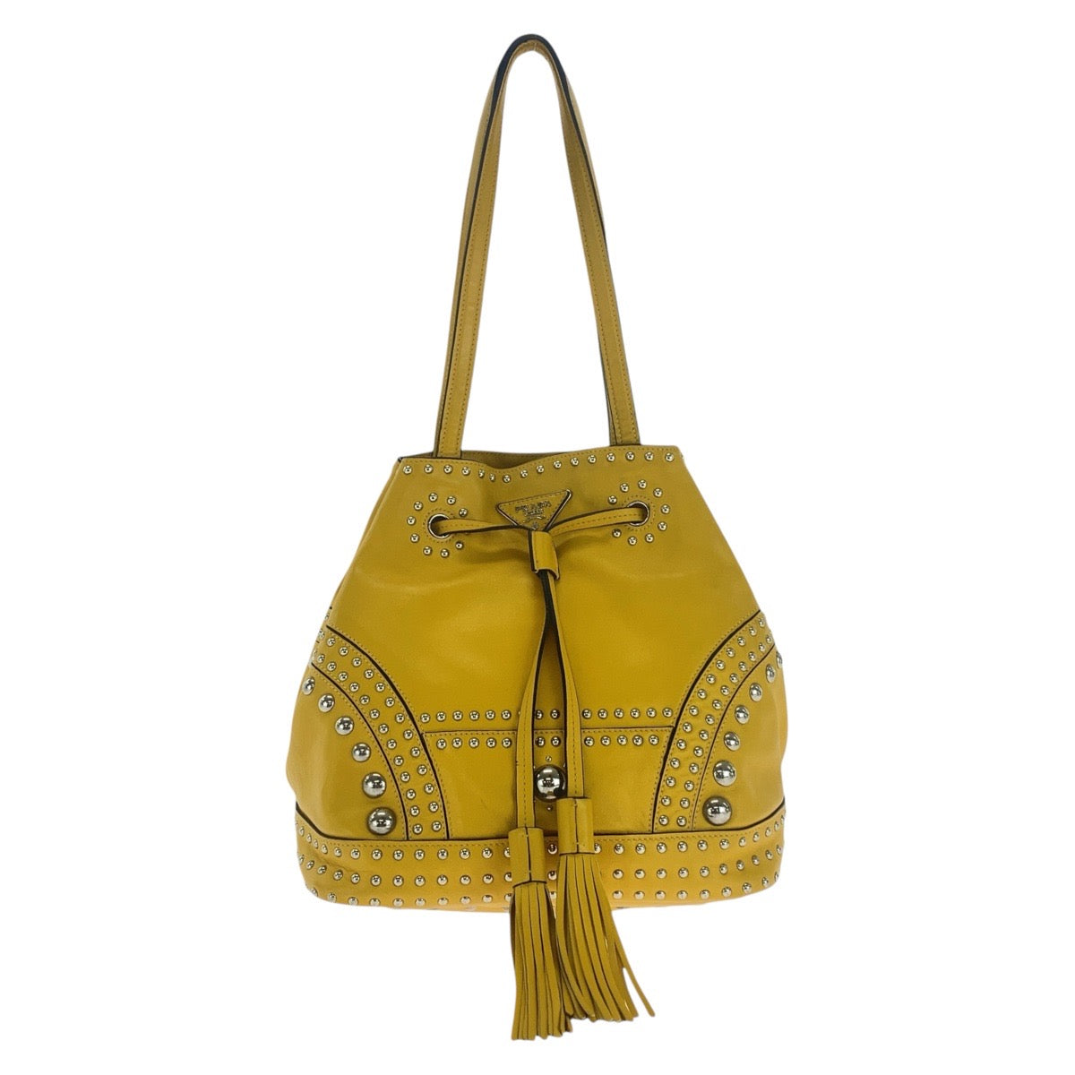 PRADA Shoulder Bag leather Yellow SilverMetal Shoulder Bag Drawstring Tassel Studs Triangle With logo Women