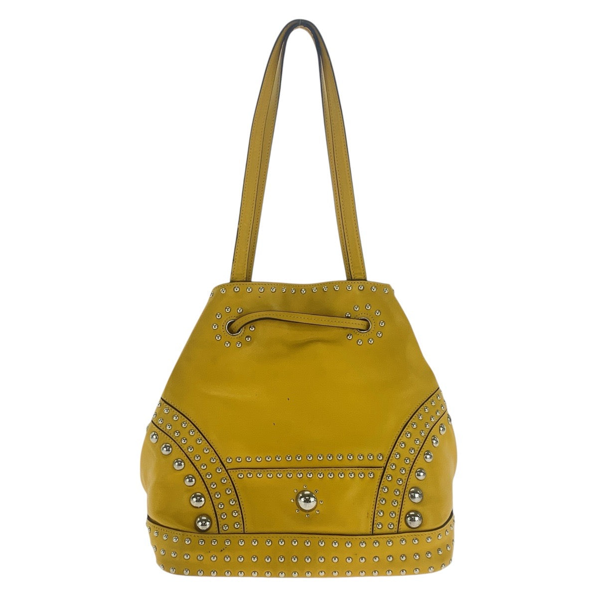PRADA Shoulder Bag leather Yellow SilverMetal Shoulder Bag Drawstring Tassel Studs Triangle With logo Women