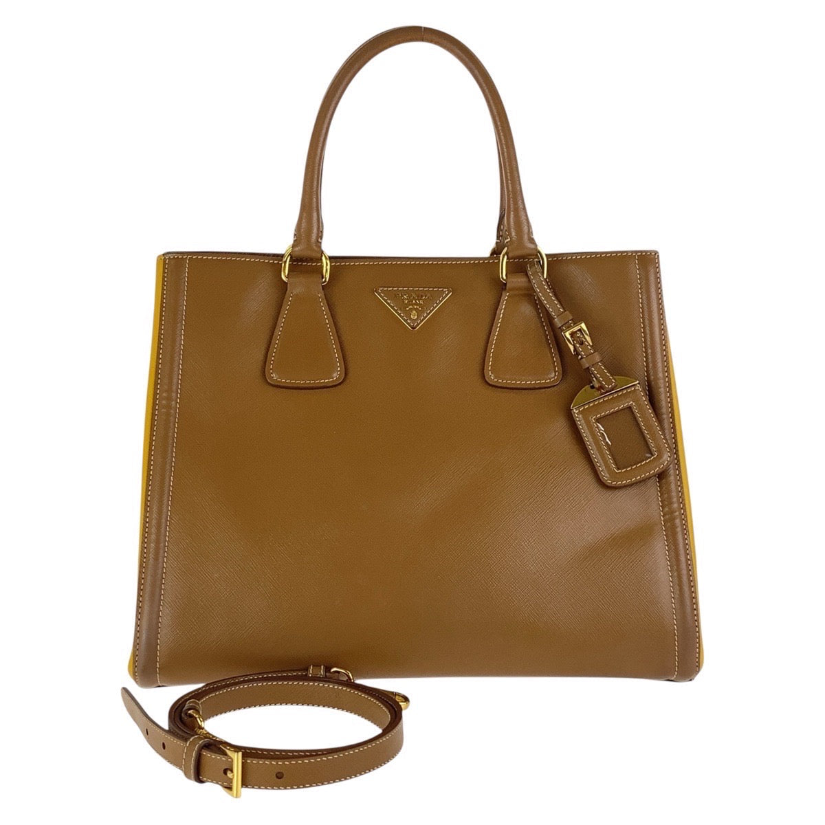 PRADA Tote Bag leather Brown Yellow Gold Metal Tote Bag Shoulder Bag Safiano Triangle With logo Women