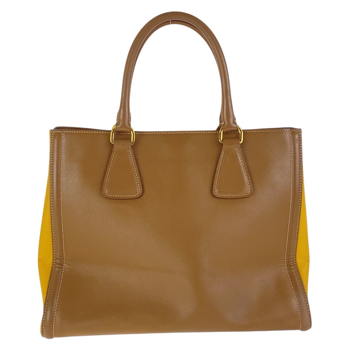 PRADA Tote Bag leather Brown Yellow Gold Metal Tote Bag Shoulder Bag Safiano Triangle With logo Women