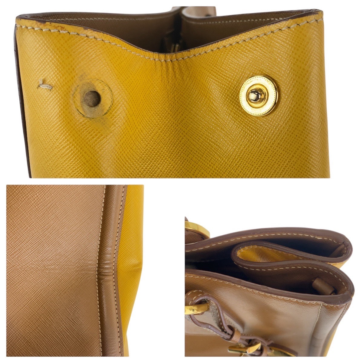 PRADA Tote Bag leather Brown Yellow Gold Metal Tote Bag Shoulder Bag Safiano Triangle With logo Women