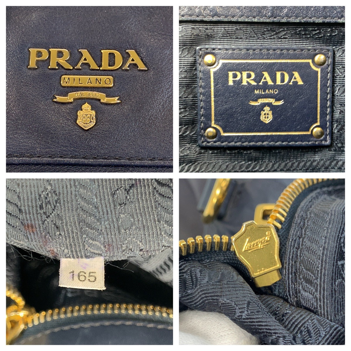 PRADA Tote Bag leather Navy Gold Metal Tote Bag Shoulder Bag Women