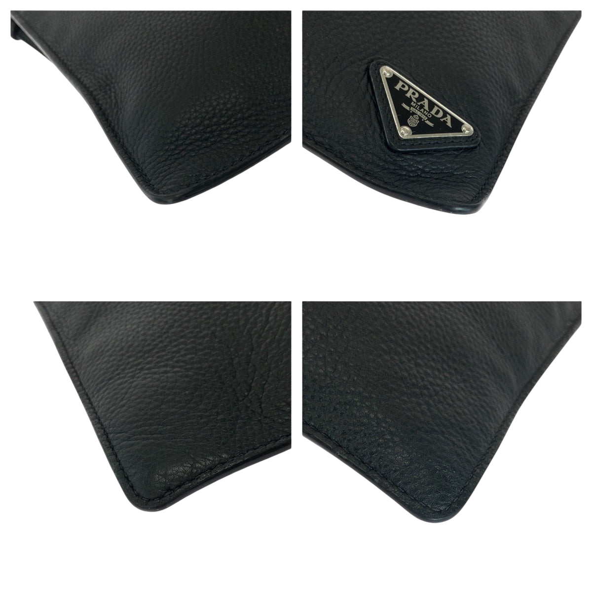 PRADA Clutch bag leather Black SilverMetal Clutch bag business bag Vitello City Triangle With logo mens