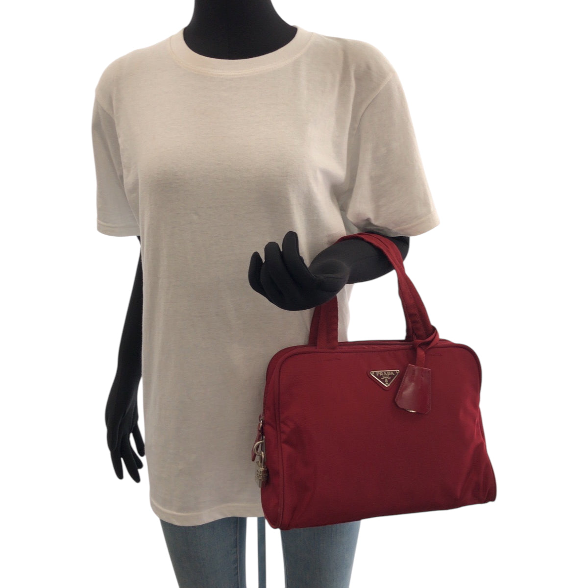 PRADA Tote Bag Nylon Red Silver Metal Tote Bag handbag Test Triangle With logo Women