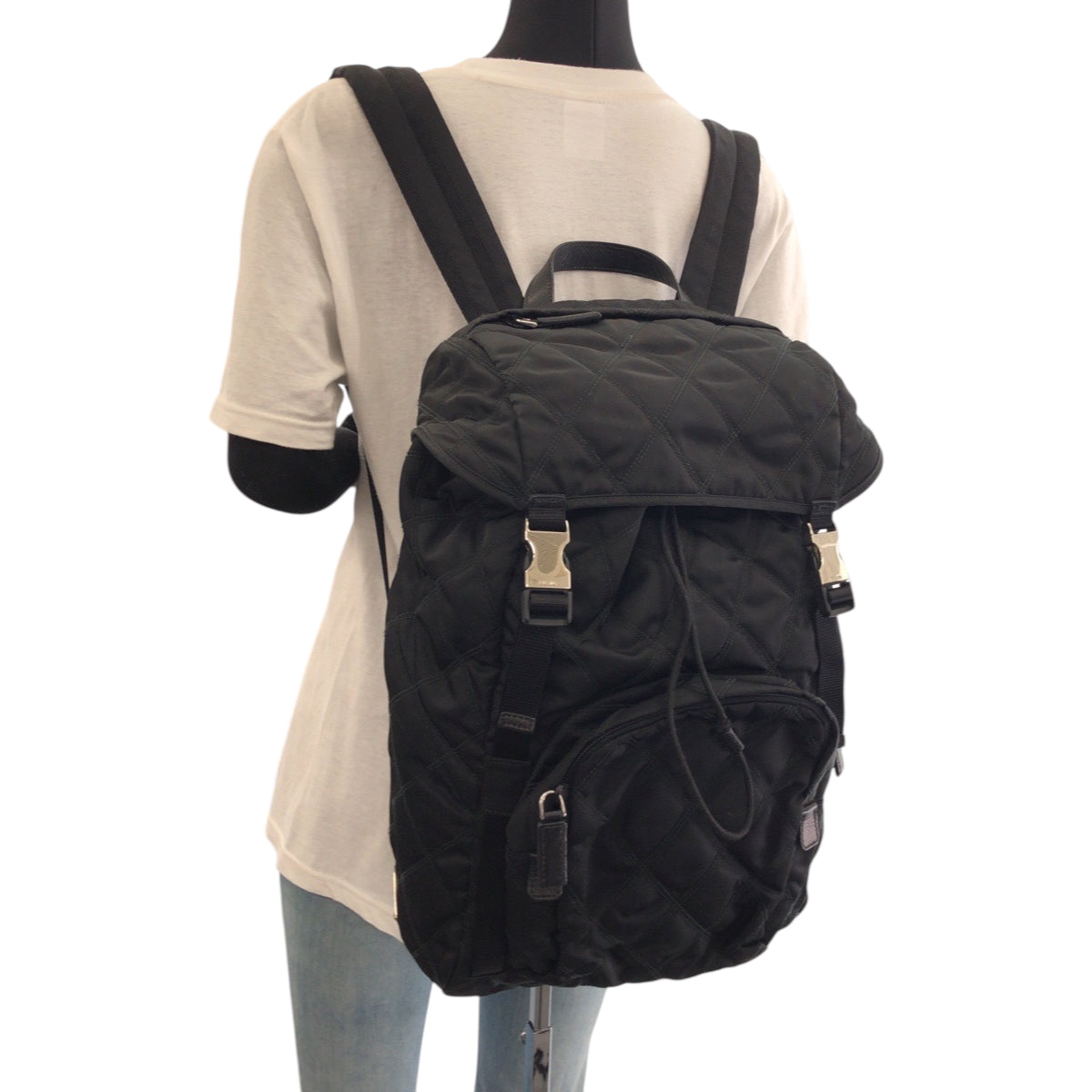 PRADA Backpack Nylon Black SilverMetal Backpack Backpack Test suit quilting Triangle With logo mens(Unisex)