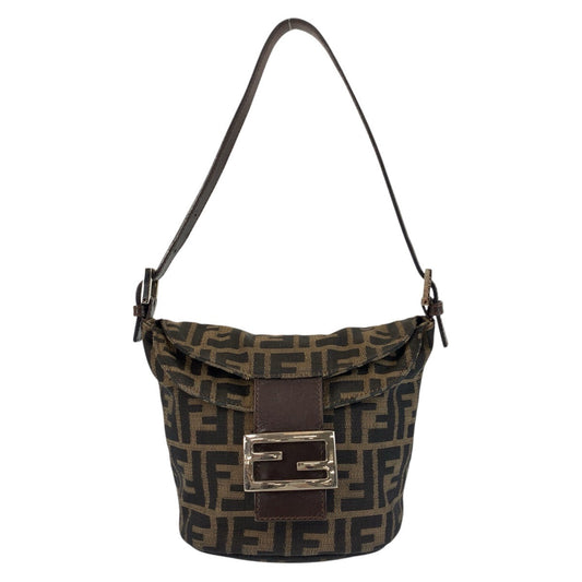 FENDI Shoulder Bag Canvas, Leather Brown Silver Metal Zucca Mamma Bucket Women