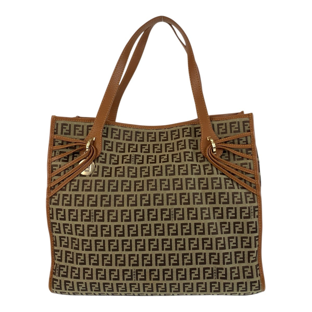 FENDI Tote Bag 8BH153 Canvas, Leather Brown Gold Metal Tote Bag Shoulder Bag Zucchino Women