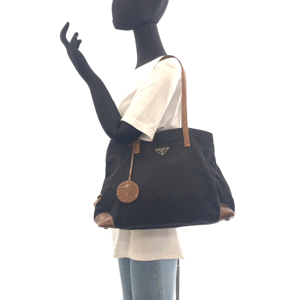 PRADA Shoulder Bag Nylon, Leather Black Brown SilverMetal Shoulder Bag Tote Bag Test Triangle With logo Women