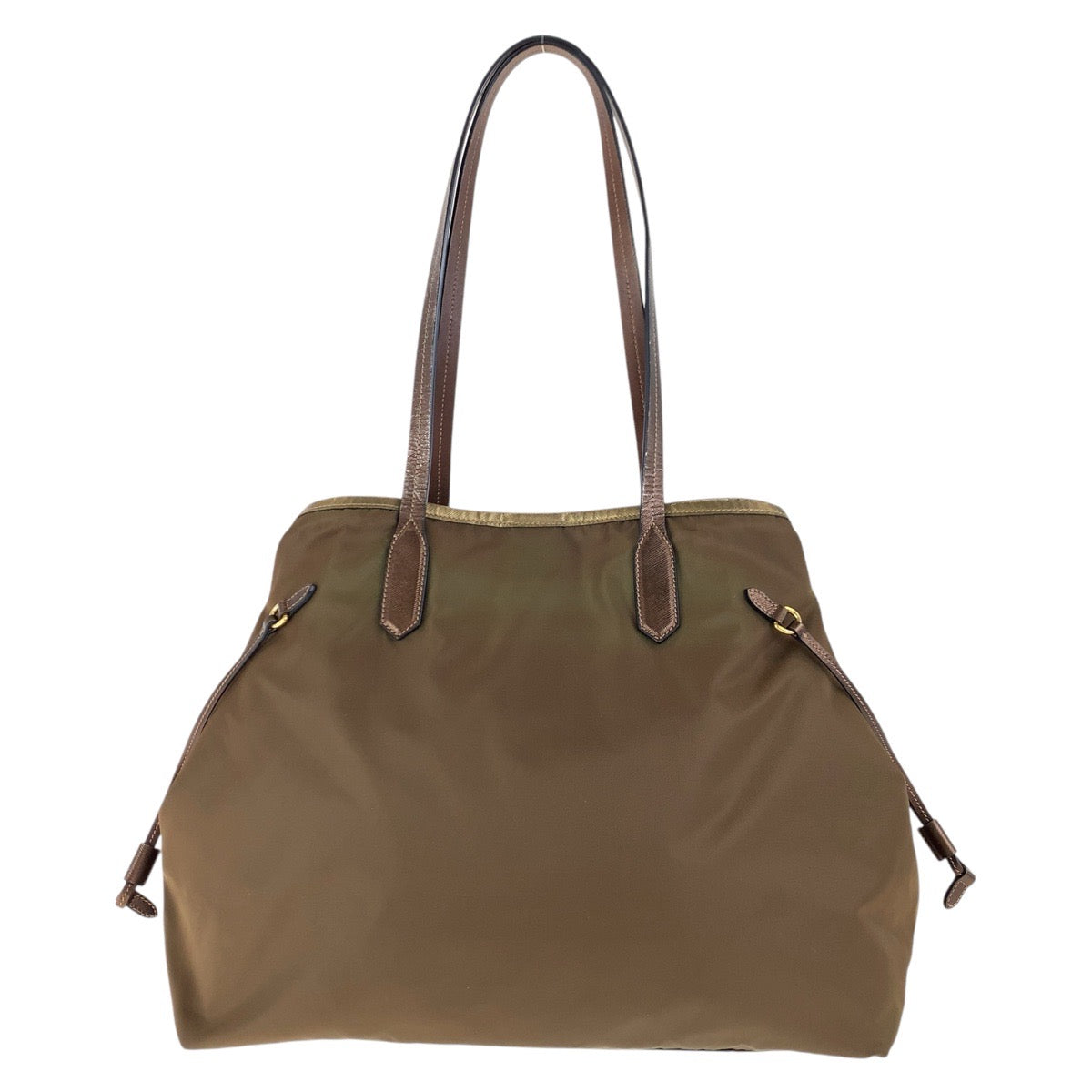 PRADA Tote Bag Nylon, Leather Brown Gold Metal Tote Bag Shoulder Bag Testo Saffiano Triangle With logo Women