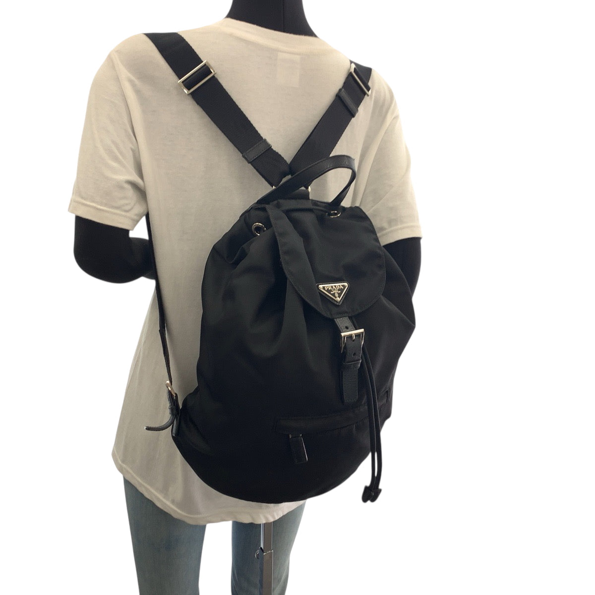 PRADA Backpack Nylon Black Silver Metal Backpack Backpack Test Triangle With logo Women