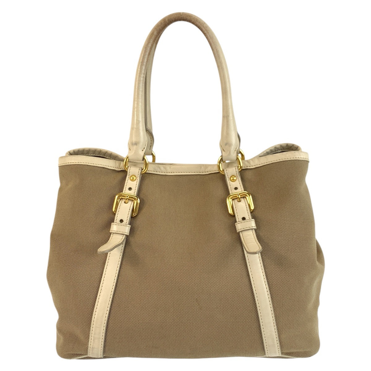 PRADA Tote Bag Canvas, Leather Beige Gold Metal Tote Bag Shoulder Bag 2way Logo jacquard Women