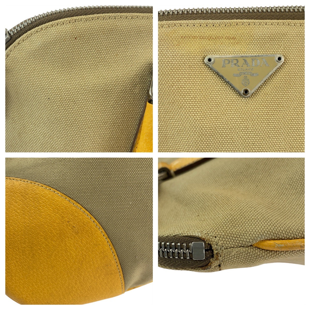 PRADA Tote Bag Canvas, Leather Beige Yellow SilverMetal Tote Bag Handbag Shoulder Bag Triangle With logo Women