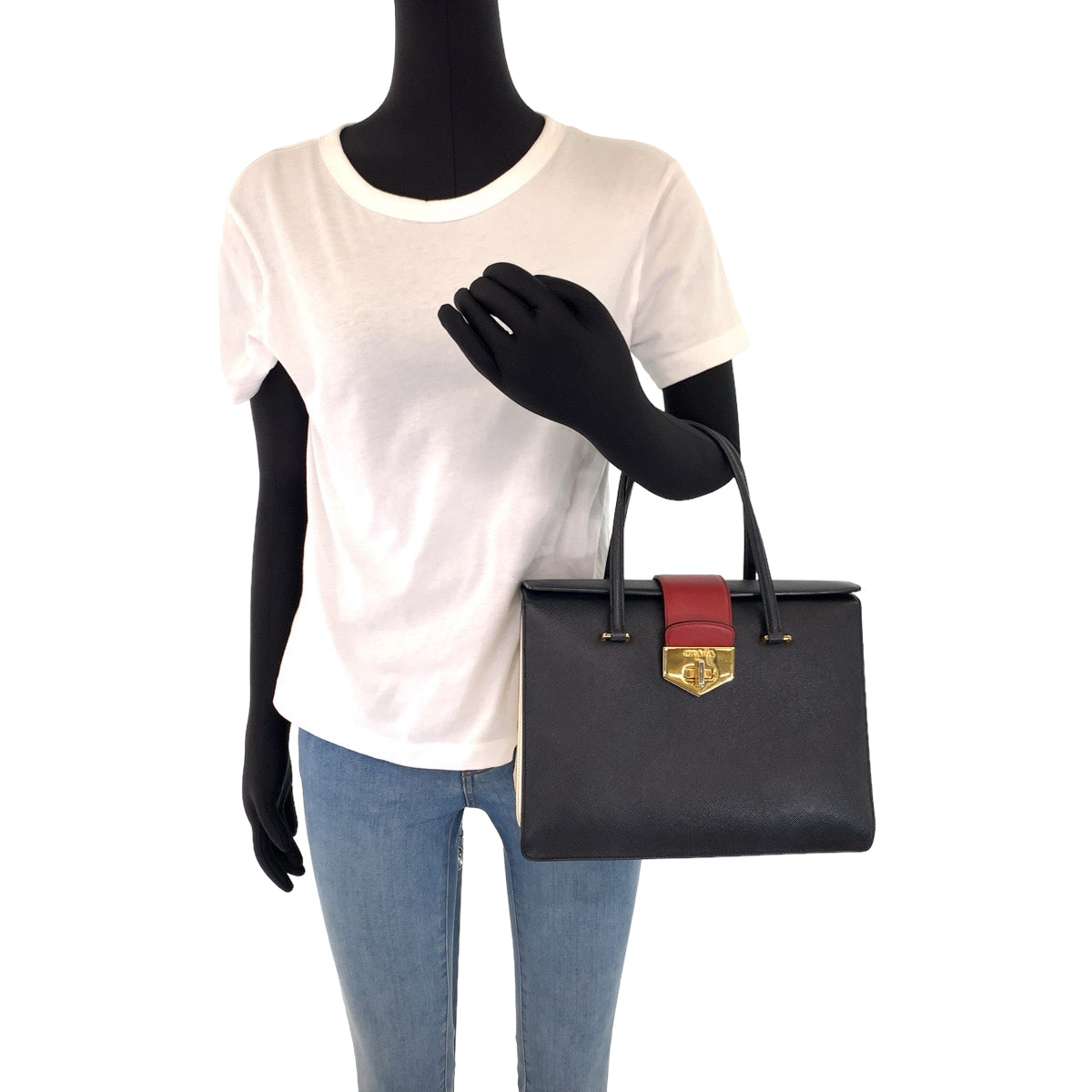 PRADA Handbag leather Black Red Gold Metal Handbag Tote Bag Safiano Women
