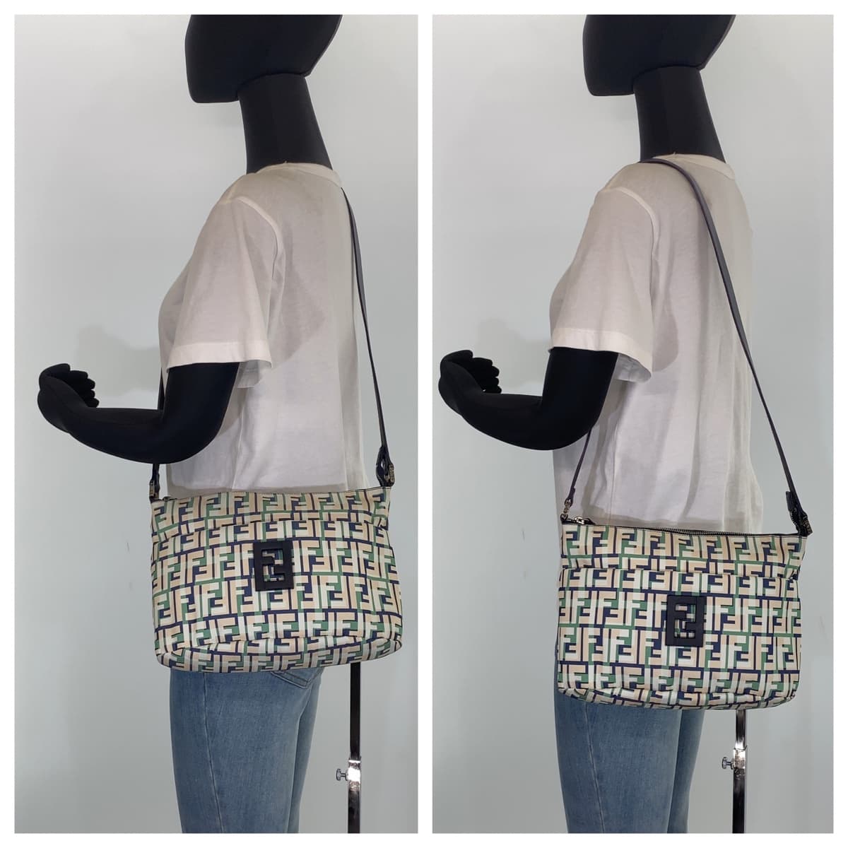 FENDI Shoulder Bag canvas Green Pink Navy Crossbody Shoulder Bag Messenger Bag Zucca Pattern FF logo Women