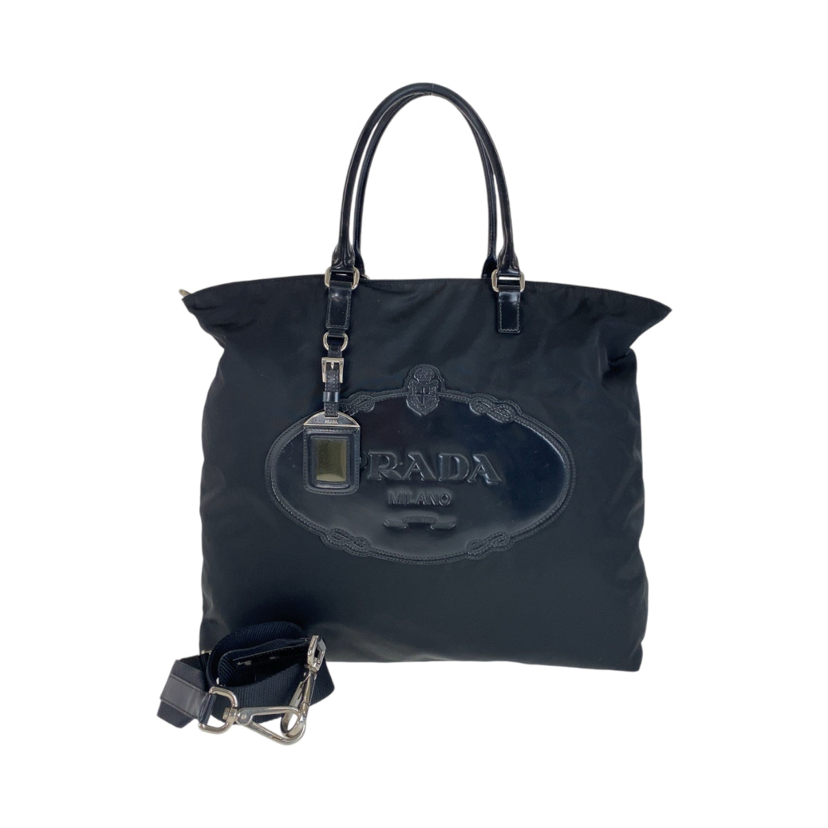 PRADA Tote Bag Nylon Black SilverMetal Tote Bag Shoulder Bag 2way Test Logo embossed Women