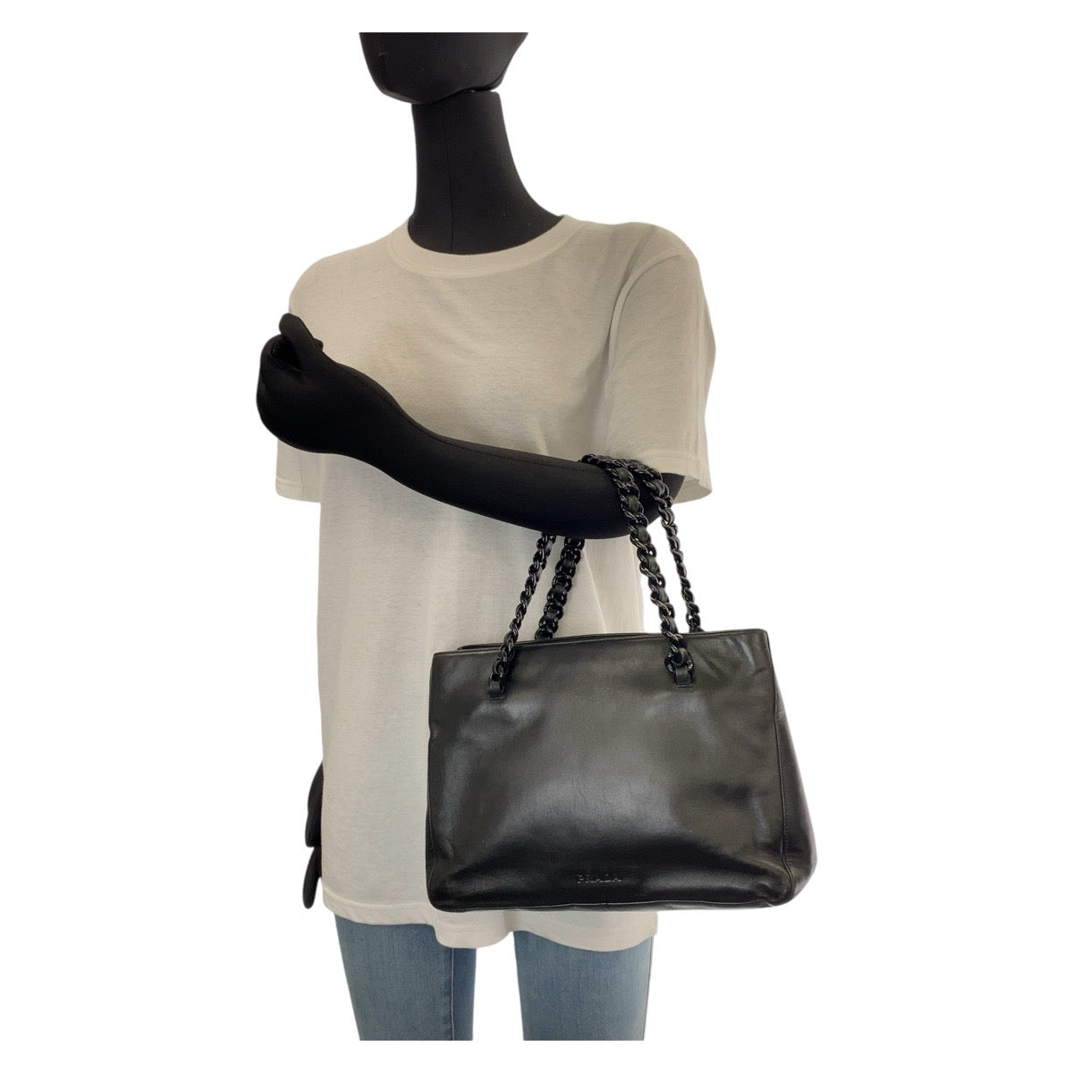 PRADA Tote Bag Leather, Plastic Black Silver Metal Tote Bag handbag Plastic Chain Women