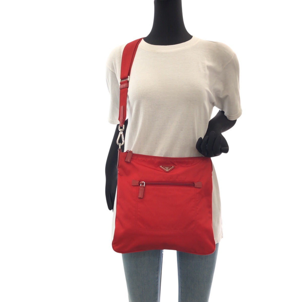 PRADA Shoulder Bag Nylon Red Silver Metal Crossbody Shoulder Bag Test Triangle With logo Women