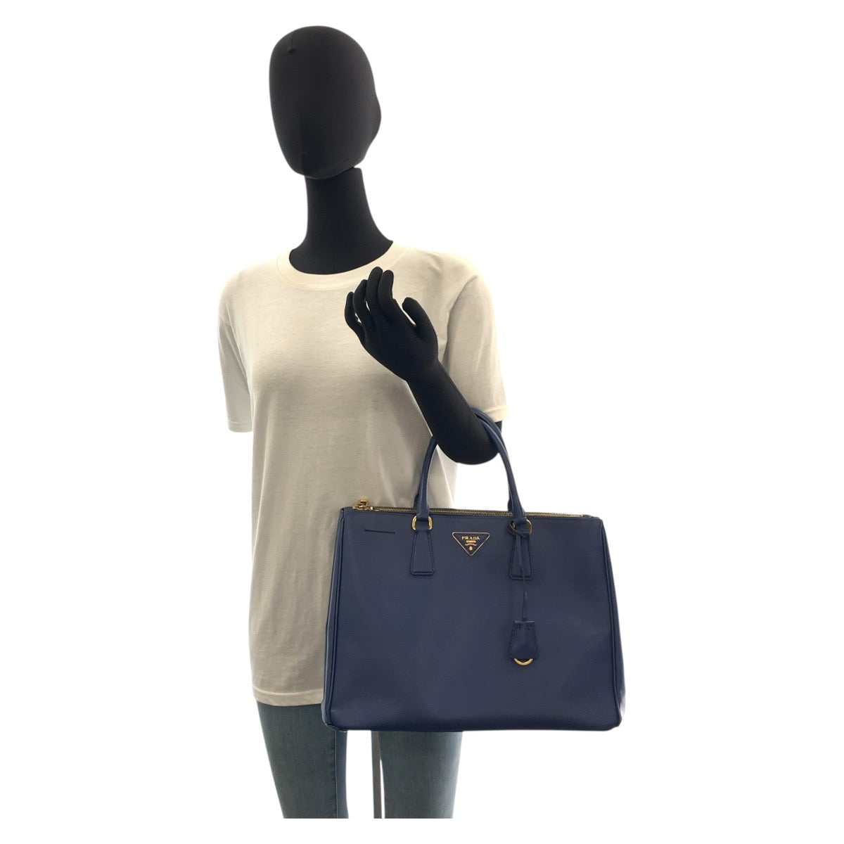 PRADA Handbag leather Blue GoldMetal Handbag Tote Bag Safiano Galleria TriangleWith logo Women