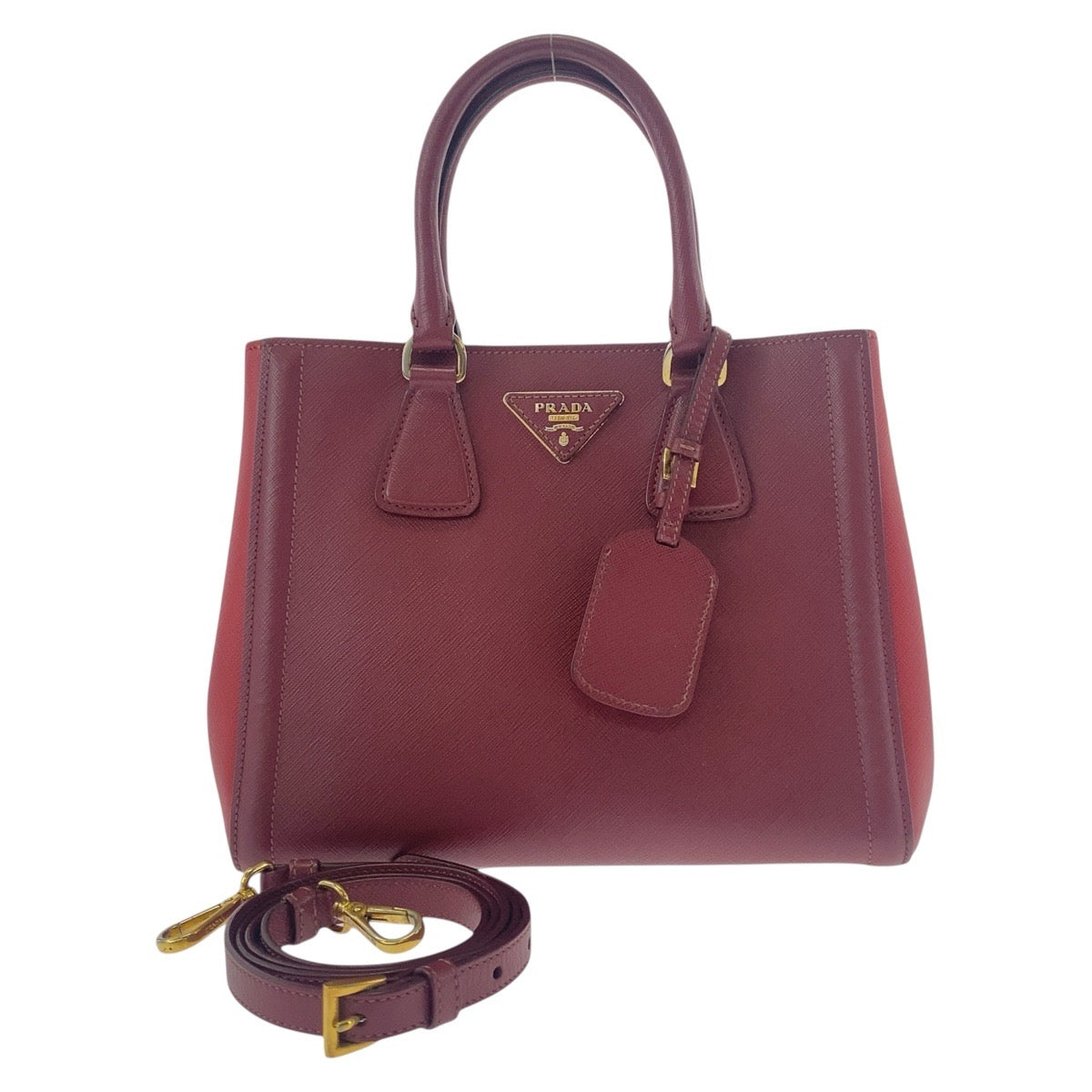 PRADA Handbag leather Red Wine Red Gold Metal Handbag Tote Bag Shoulder Bag Safiano Triangle With logo Women