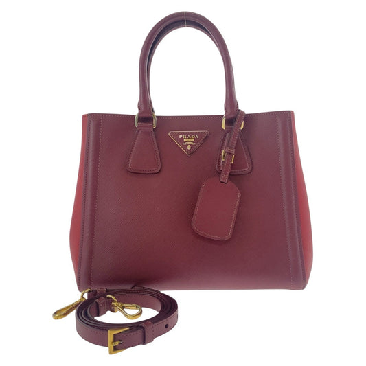 PRADA Handbag leather Red Wine Red Gold Metal Handbag Tote Bag Shoulder Bag Safiano Triangle With logo Women