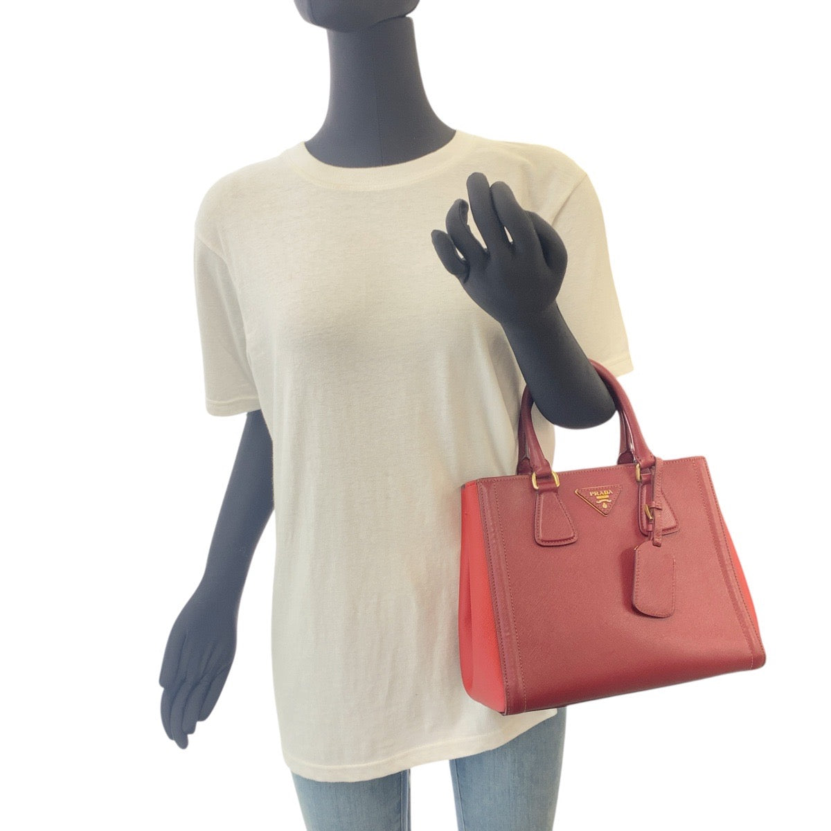 PRADA Handbag leather Red Wine Red Gold Metal Handbag Tote Bag Shoulder Bag Safiano Triangle With logo Women