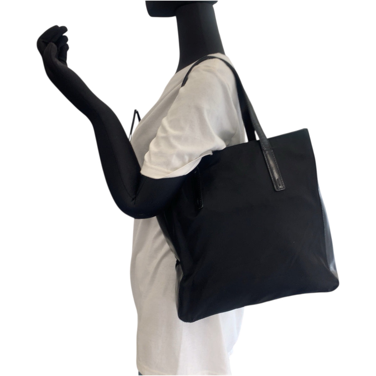 PRADA Tote Bag Nylon, Patent Leather Black SilverMetal Tote Bag Shoulder Bag Test logo Women