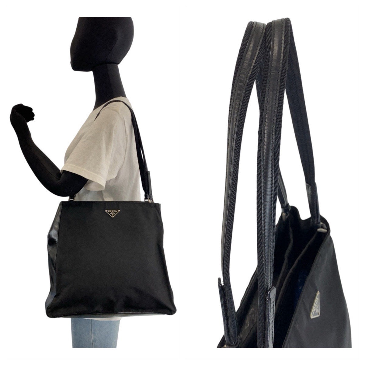 PRADA Tote Bag Nylon Black Silver Metal Tote Bag Shoulder Bag Test Triangle With logo Women
