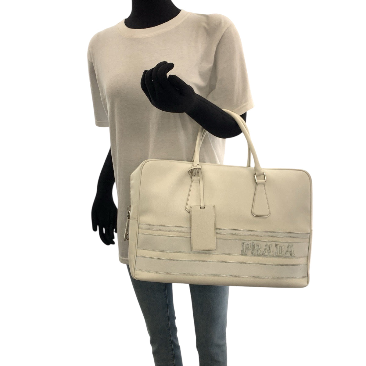 PRADA Business bag leather White SilverMetal Business bag handbag Safiano logo Women