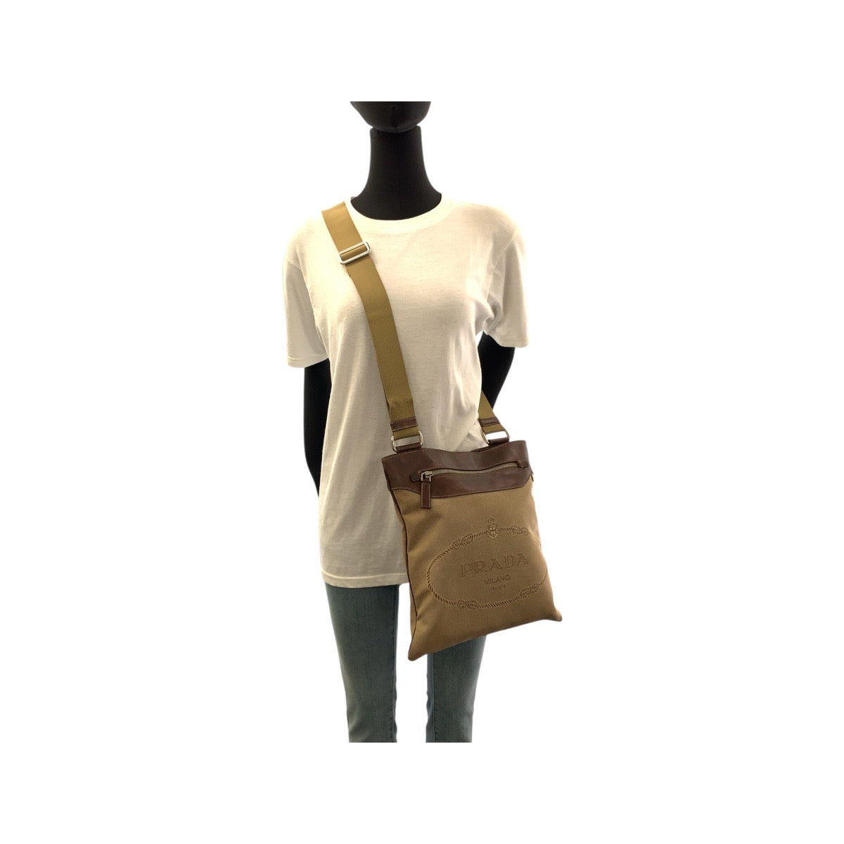 PRADA Shoulder Bag Canvas, Leather Beige Brown SilverMetal Shoulder Bag Messenger bag Logo jacquard Women