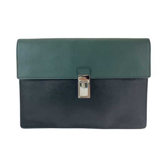 PRADA Clutch bag leather Bicolor Green Black Clutch bag Business bag Document case Safiano Triangle With logo mens