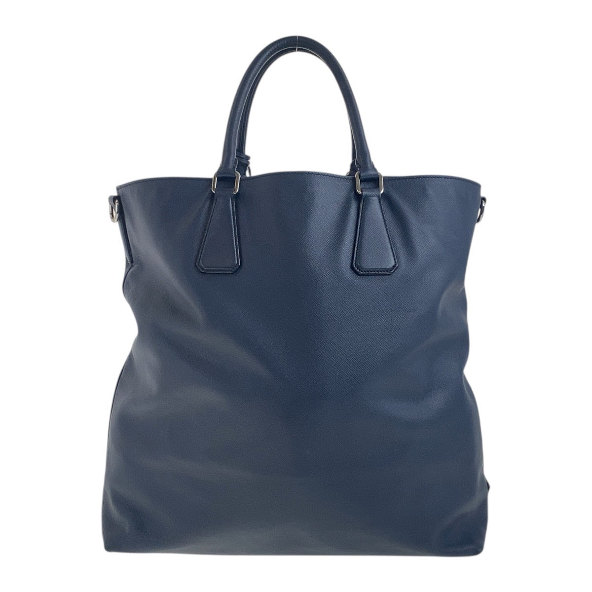 PRADA Tote Bag 7B leather Navy SilverMetal Tote Bag handbag Safiano Triangle With logo mens