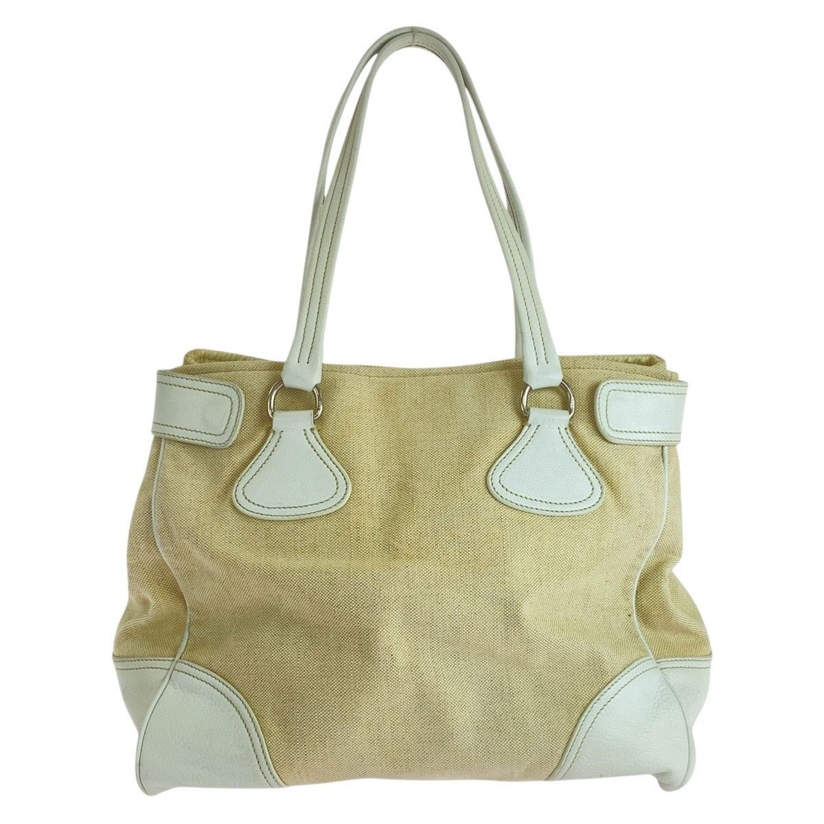 PRADA Tote Bag Canvas, Leather White Ivory Tote Bag Shoulder Bag Triangle With logo Women