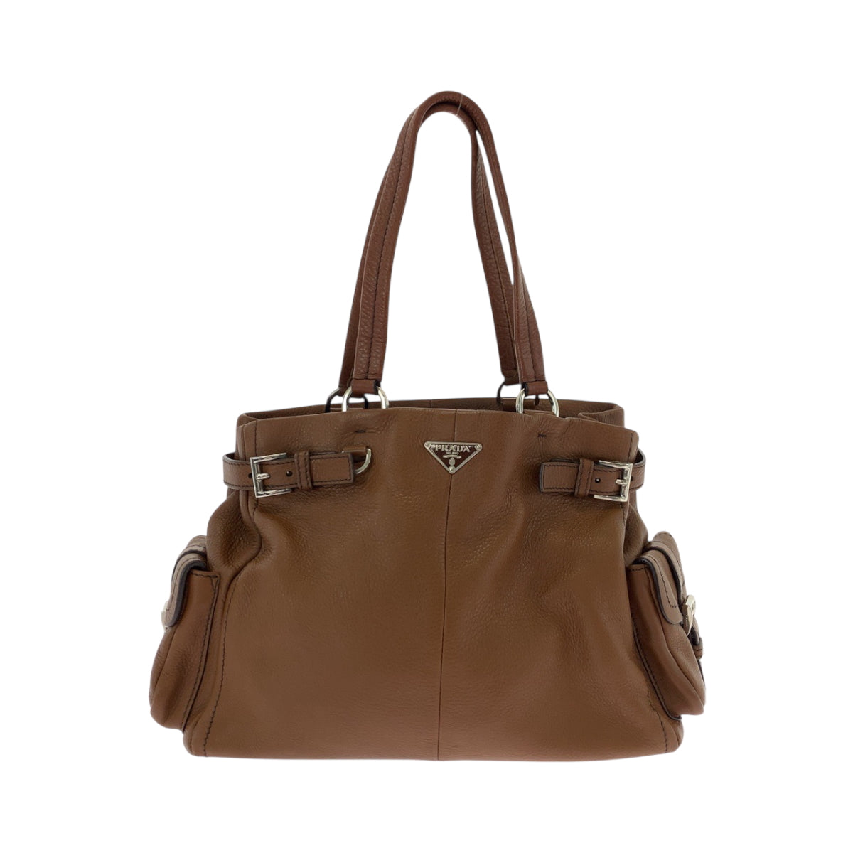 PRADA Tote Bag leather Brown Silver Metal Tote Bag Shoulder Bag Vitterodino Triangle With logo Women