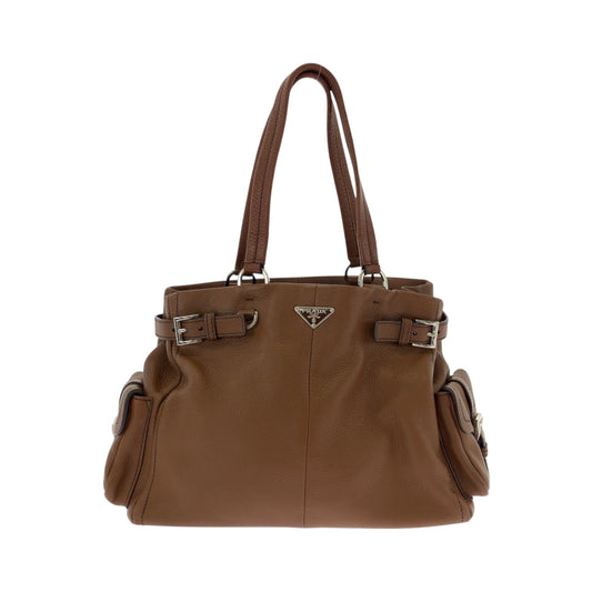 PRADA Tote Bag leather Brown Silver Metal Tote Bag Shoulder Bag Vitterodino Triangle With logo Women