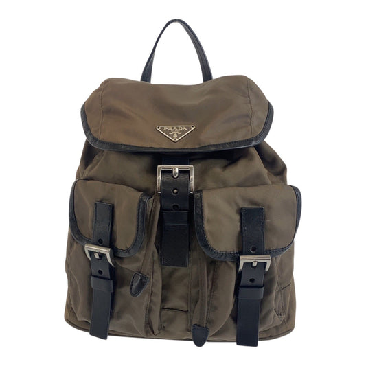PRADA Backpack Nylon Khaki Gray Black Silver Metal Test Triangle With logo