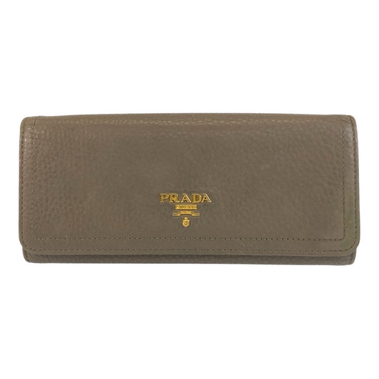PRADA Long Wallet Purse leather Greige Gold Metal Long Wallet Purse logo Women