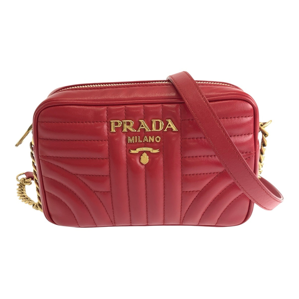 PRADA Shoulder Bag leather Red Gold Metal Diagram logo