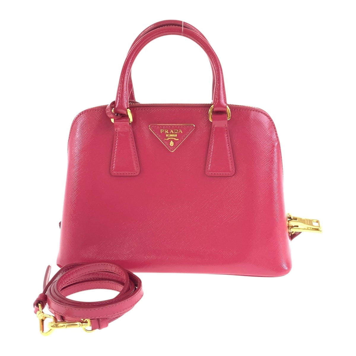 PRADA Shoulder Bag leather Pink Gold Metal Safiano Triangle With logo