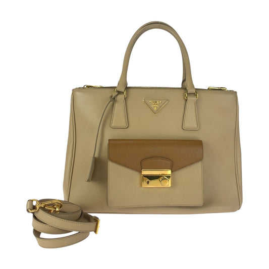 PRADA Shoulder Bag leather beige Safiano Triangle With logo