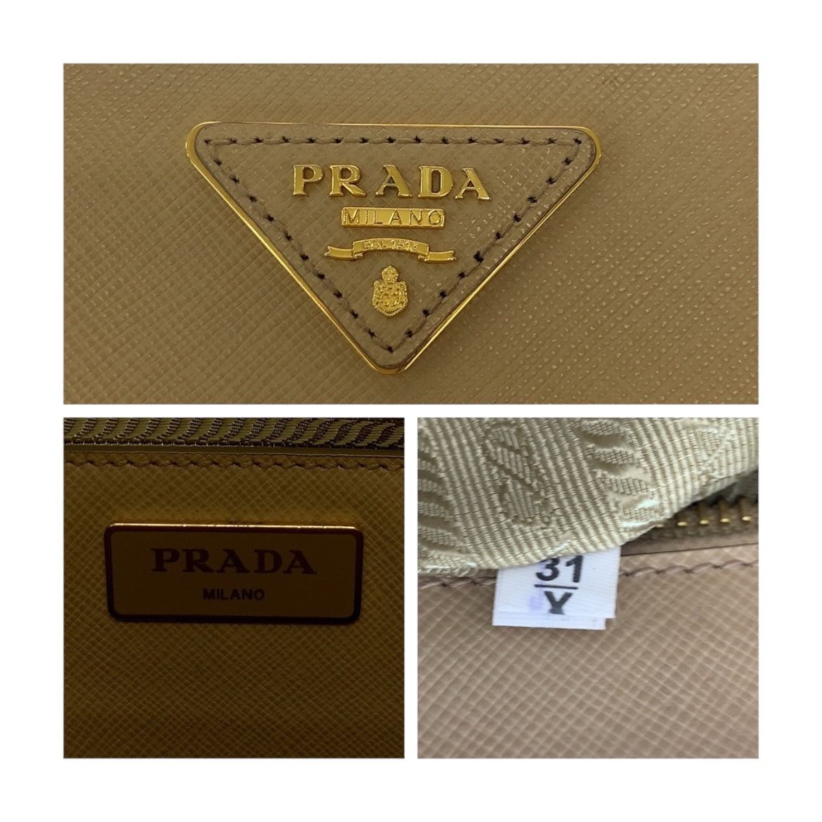 PRADA Shoulder Bag leather beige Safiano Triangle With logo