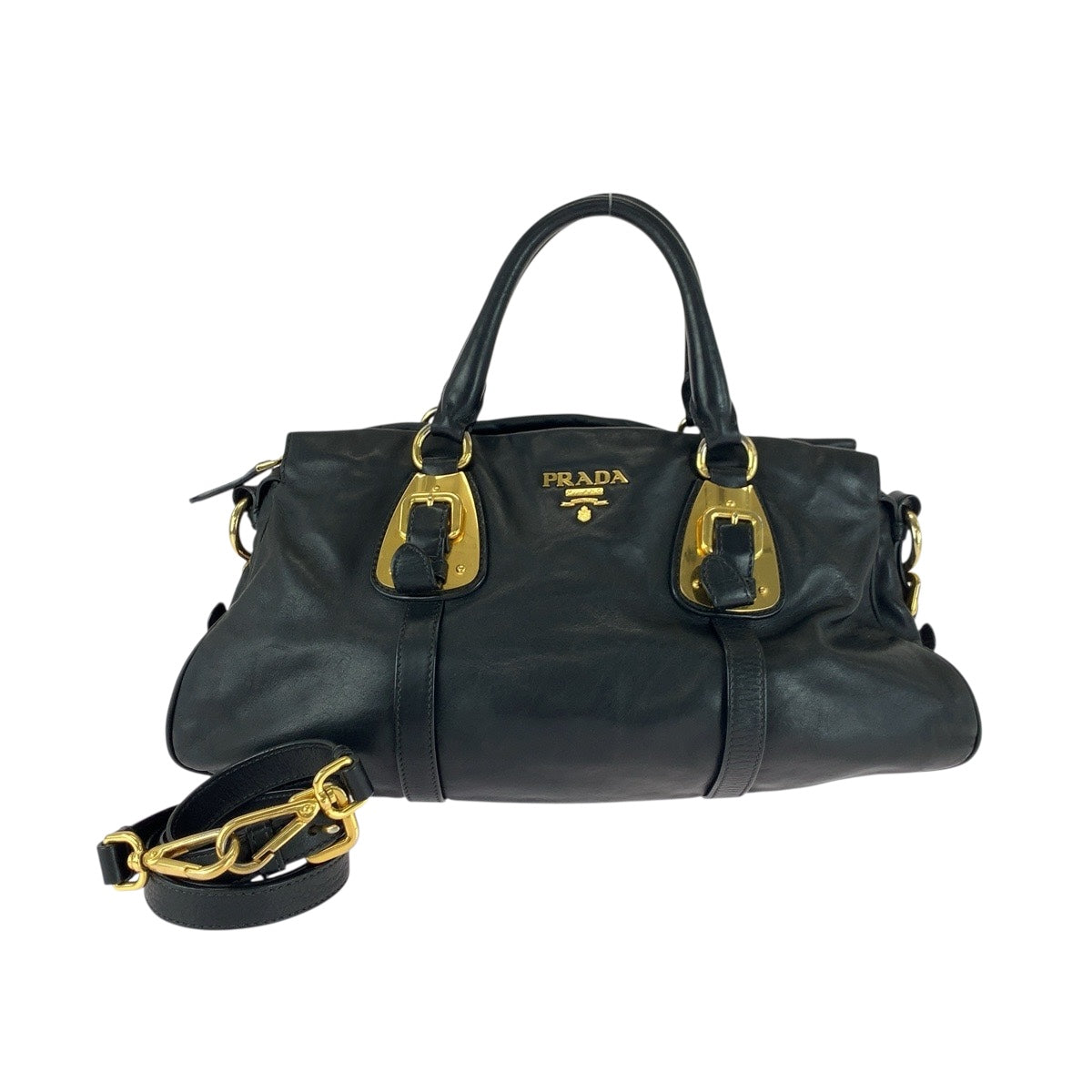 PRADA Shoulder Bag leather Black GoldMetal logo